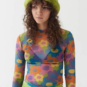 Lazy Oaf Flower Explosion Sheer Mesh Mock Neck Top